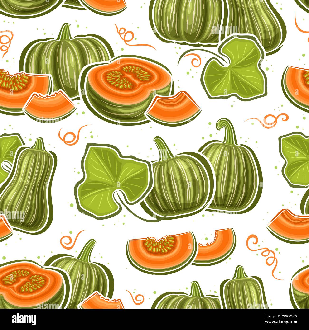 Vector Kabocha Seamless Pattern, repeat background with illustrations of asian kabocha still life compositions for wrapping paper, square poster with Stock Vector