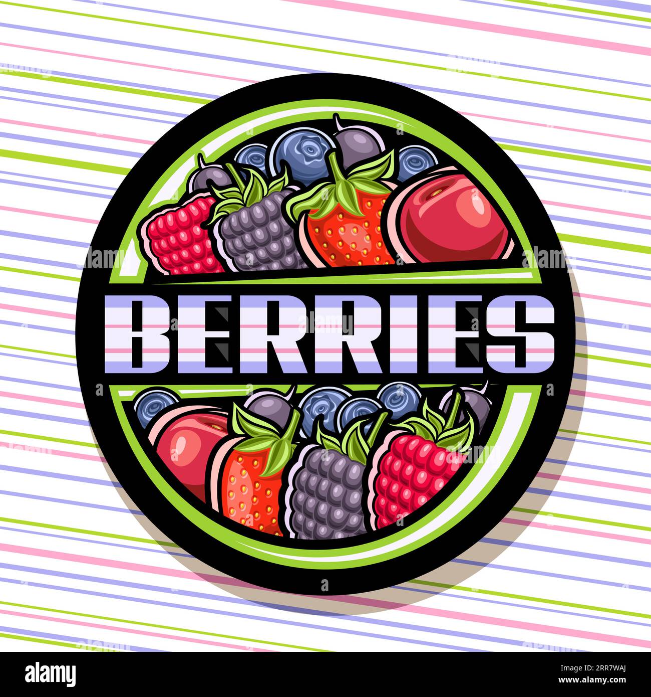 Vector logo for Berries, black decorative sign board with outline illustration of many assorted red garden berry in a row and unique brush lettering f Stock Vector