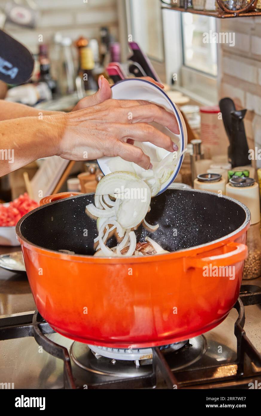 Chef puts chopped onions into pot on gas stove Stock Photo Alamy