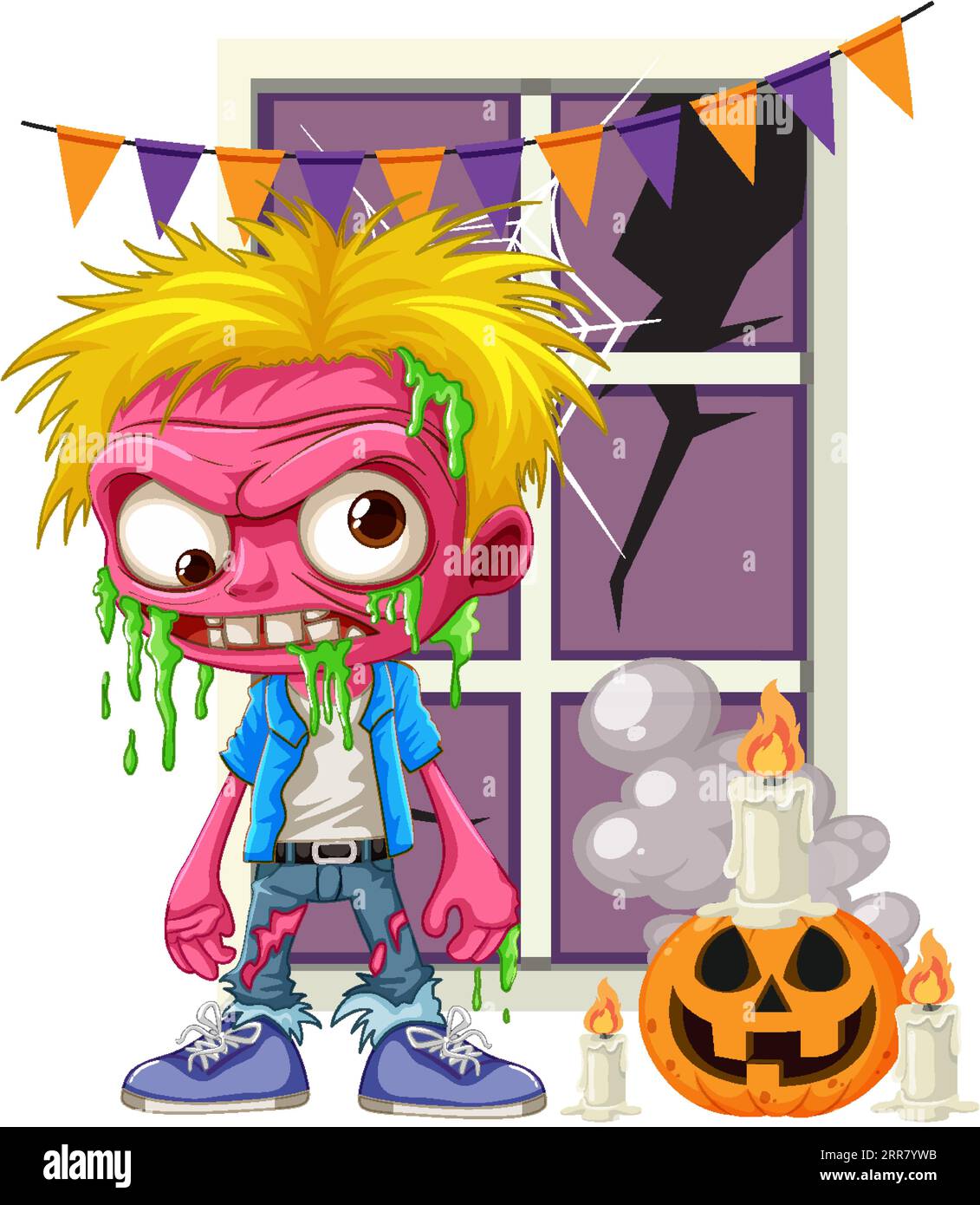 A spooky zombie stands in front of a broken window adorned with Halloween decorations Stock Vector