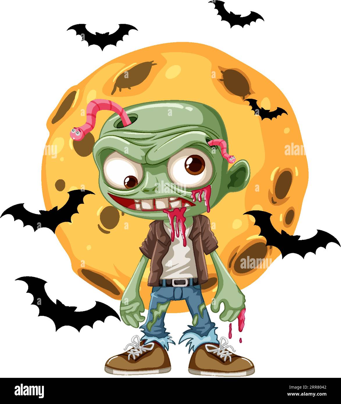 A spooky cartoon scene featuring a zombie, a big moon, and a