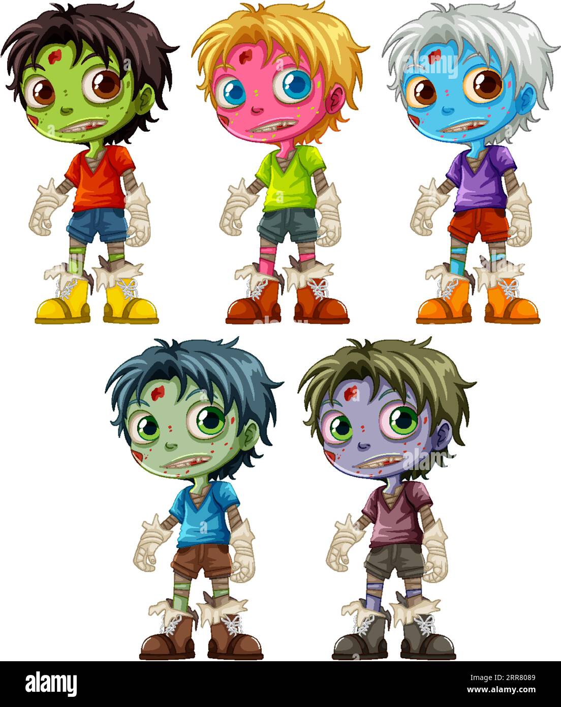 Vector cartoon illustration of five male zombies with different skin