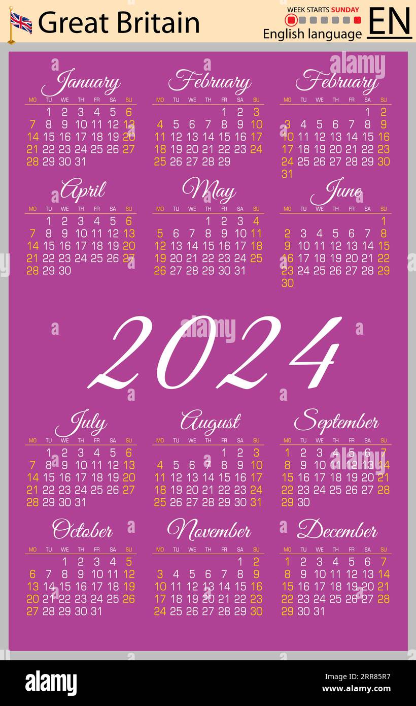 English vertical pocket calendar for 2024 (two thousand twenty four ...