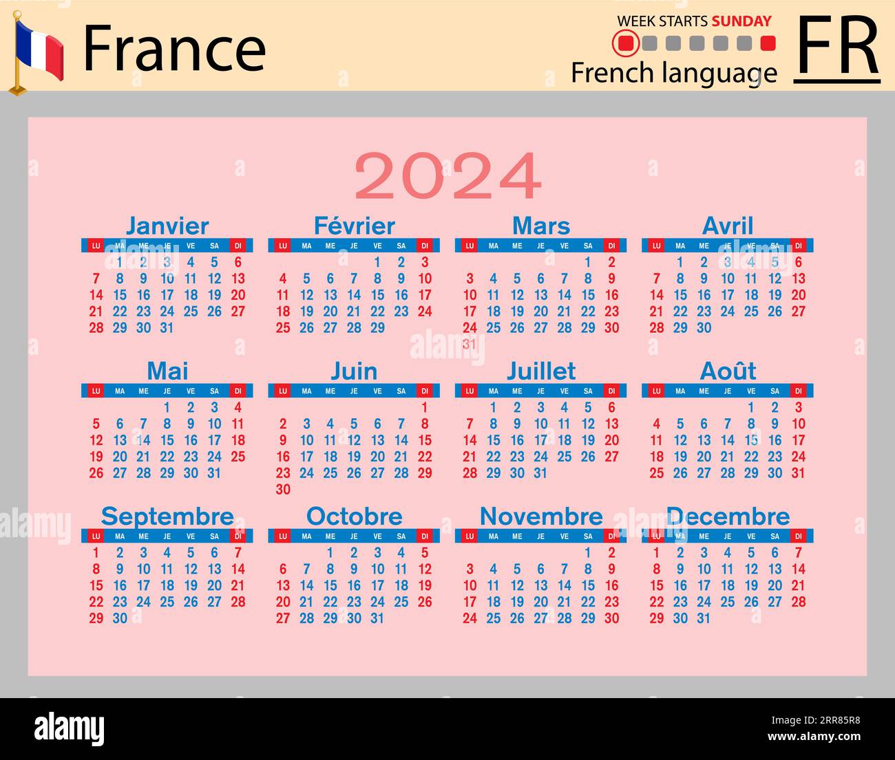 French horizontal pocket calendar for 2024 (two thousand twenty four