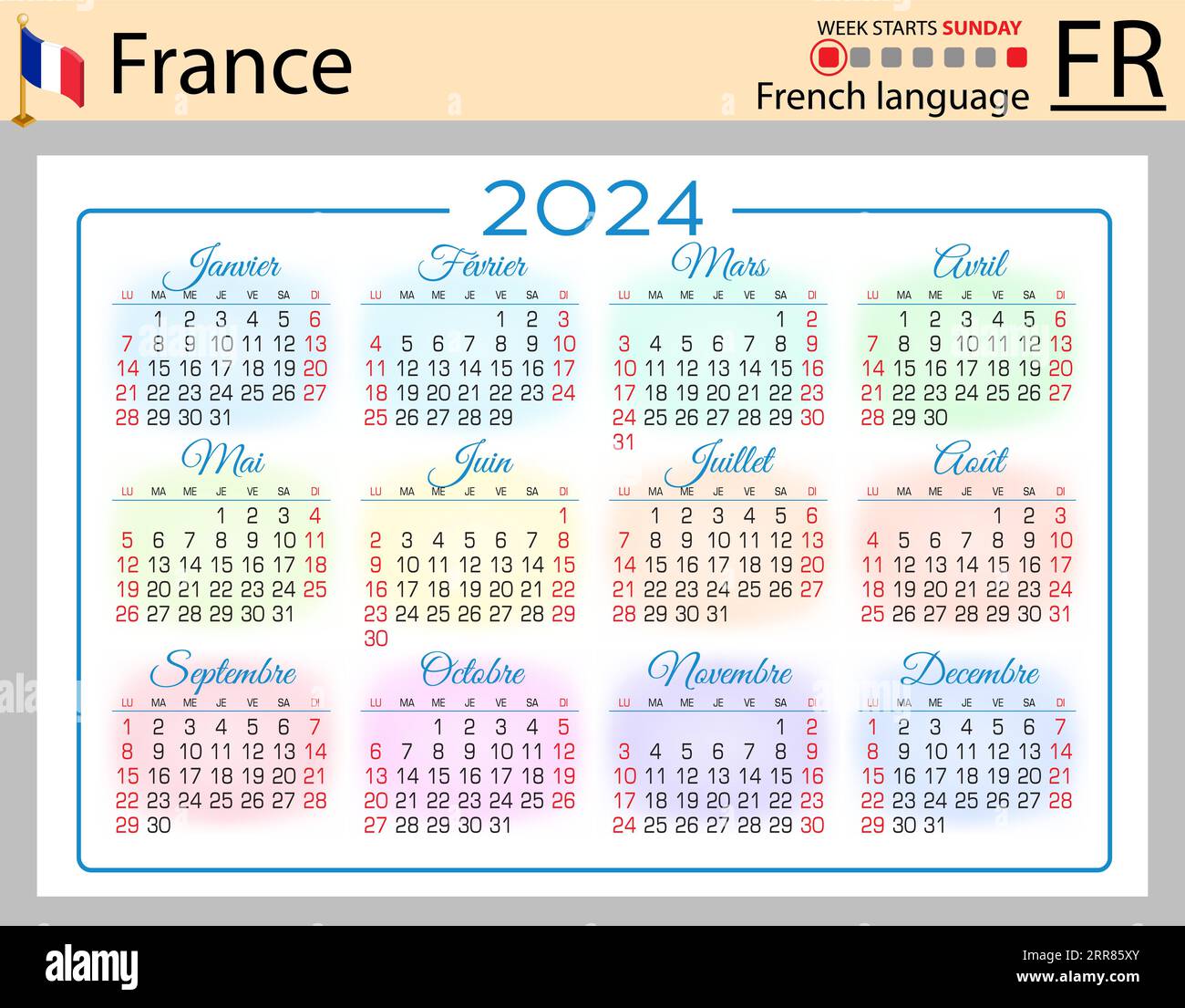 Calendar 2024, French, Sunday Stock Vector - Illustration of