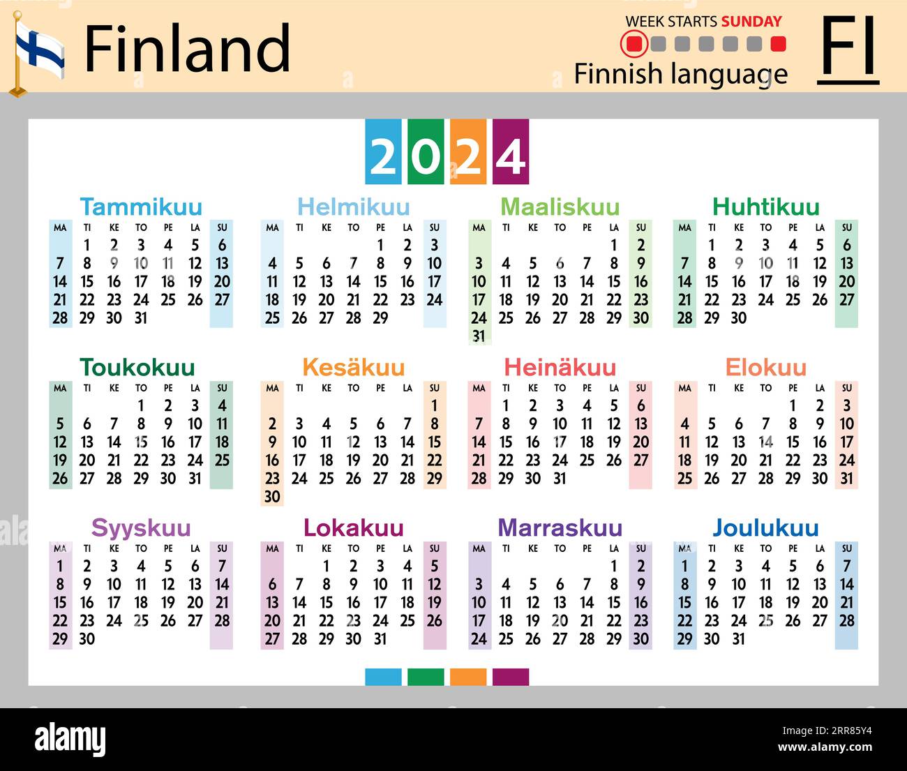Finnish horizontal pocket calendar for 2024 (two thousand twenty four). Week starts Sunday. New