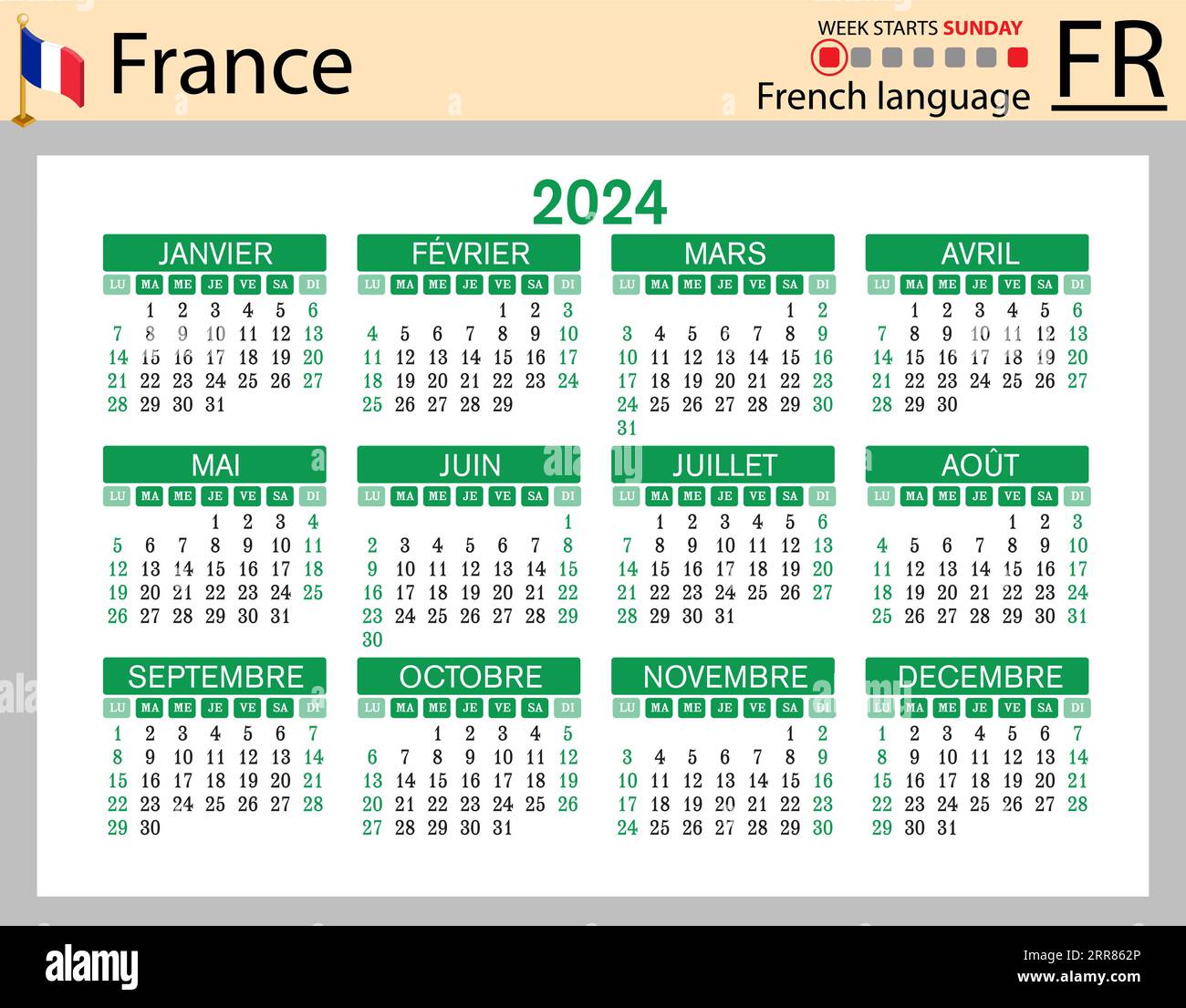 Calendrier 2024 - Illustration De Stock Vectoriel. France, Version