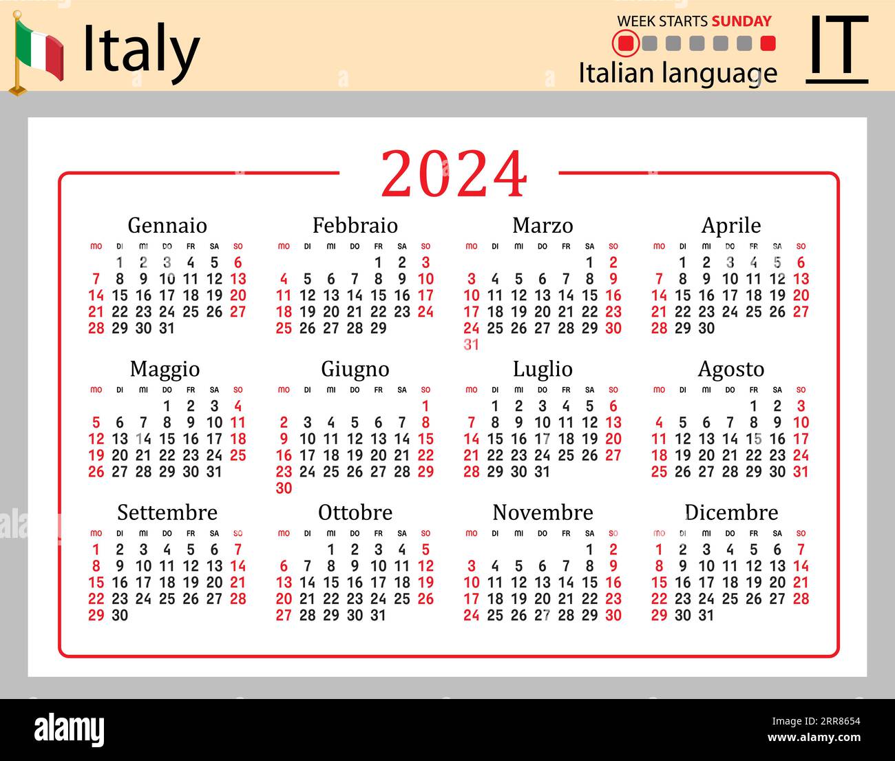 Italian horizontal pocket calendar for 2024 (two thousand twenty four ...