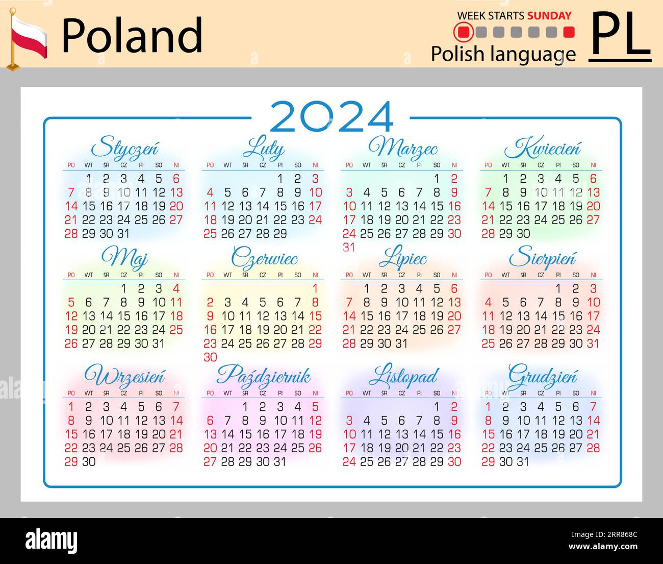 Polish horizontal pocket calendar for 2024 (two thousand twenty four