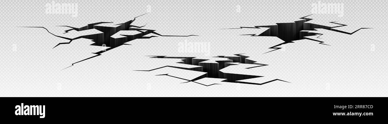 Earth break ground and crack hole vector 3d effect. Broken concrete floor texture. Isolated split and damage fracture illustration set. Realistic fissure destruction png. Desert road cleft icon Stock Vector
