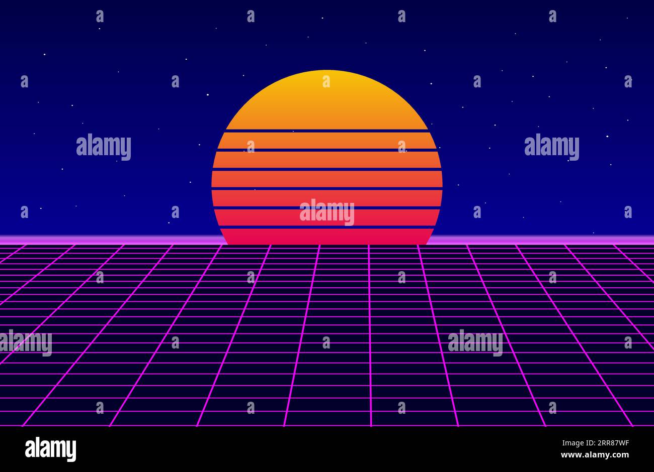 Synthwave background template. 80s, 90s retro sunset backdrop. Neon light grid landscape. Vintage retrowave. Futuristic vapor wave wallpaper. Vector Stock Vector