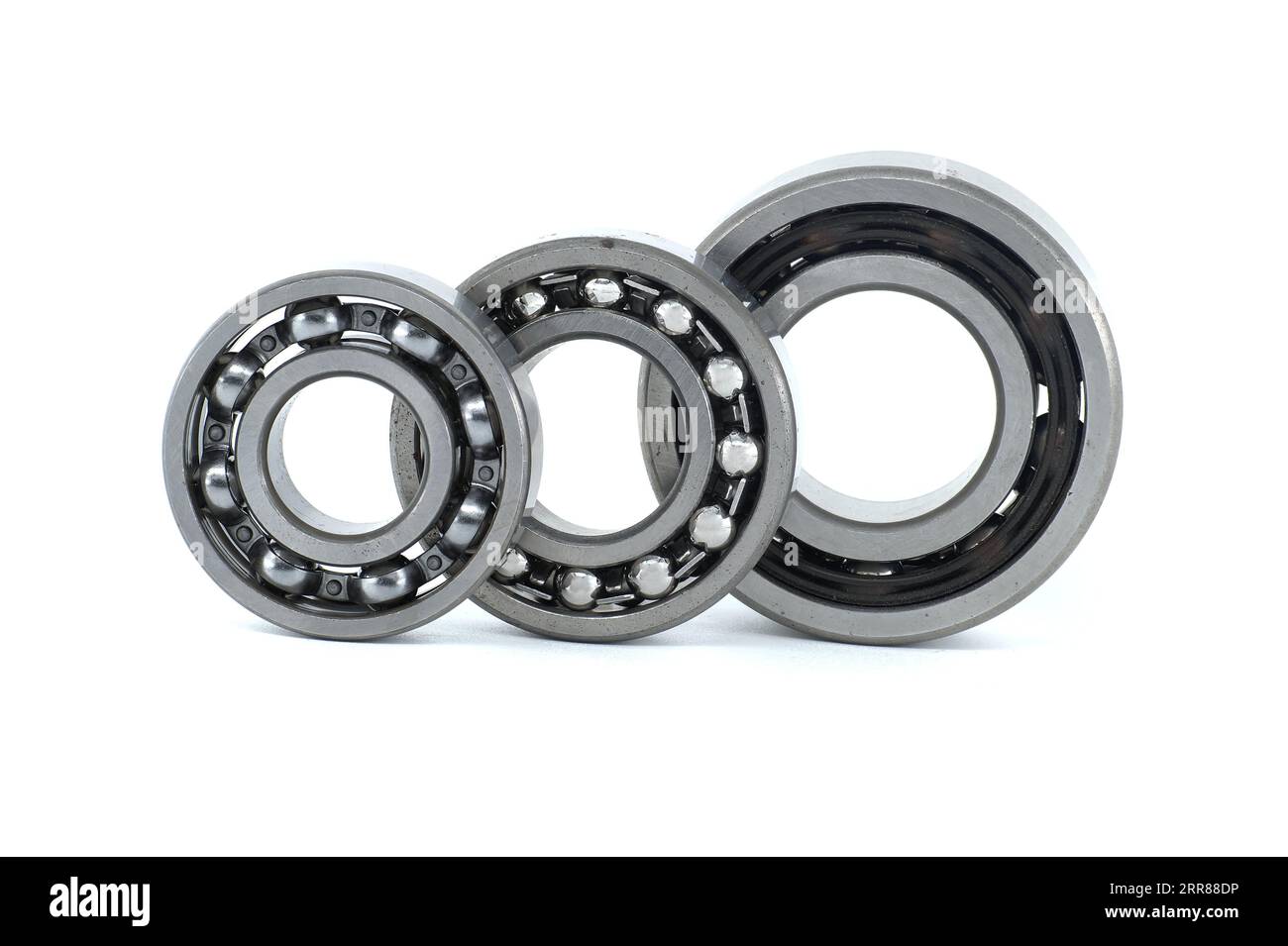 Set of various ball bearings isolated on white background. Car bearings, auto parts, automobile