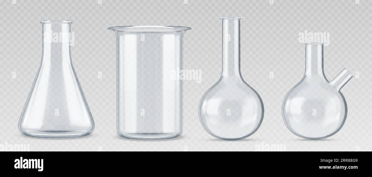 3d chemistry laboratory glass science test flask. Realistic lab beaker equipment. Chemical