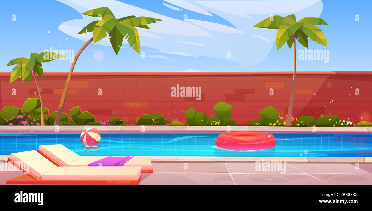 House backyard with swimming pool vector illustration. Villa poolside for summer vacation with chair, fence, palm tree, inflatable ball and lifebuoy. Outdoor tropical resort area environment Stock Vector