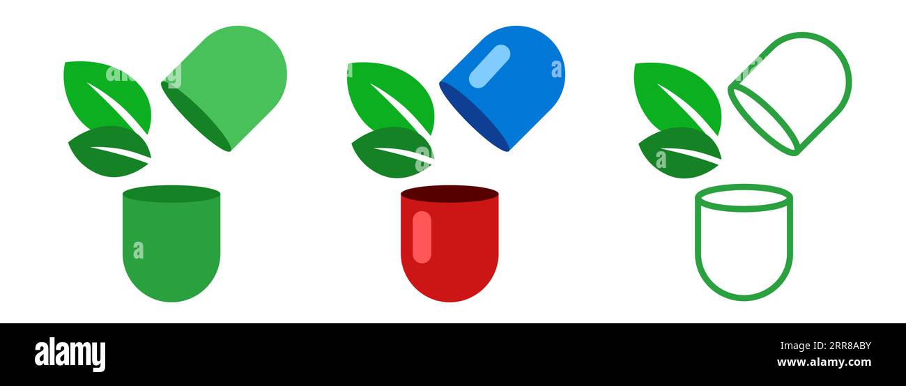 Herbal leaves inside capsule symbol of natural ingredient in pharmacy supplement icon logo set Stock Vector