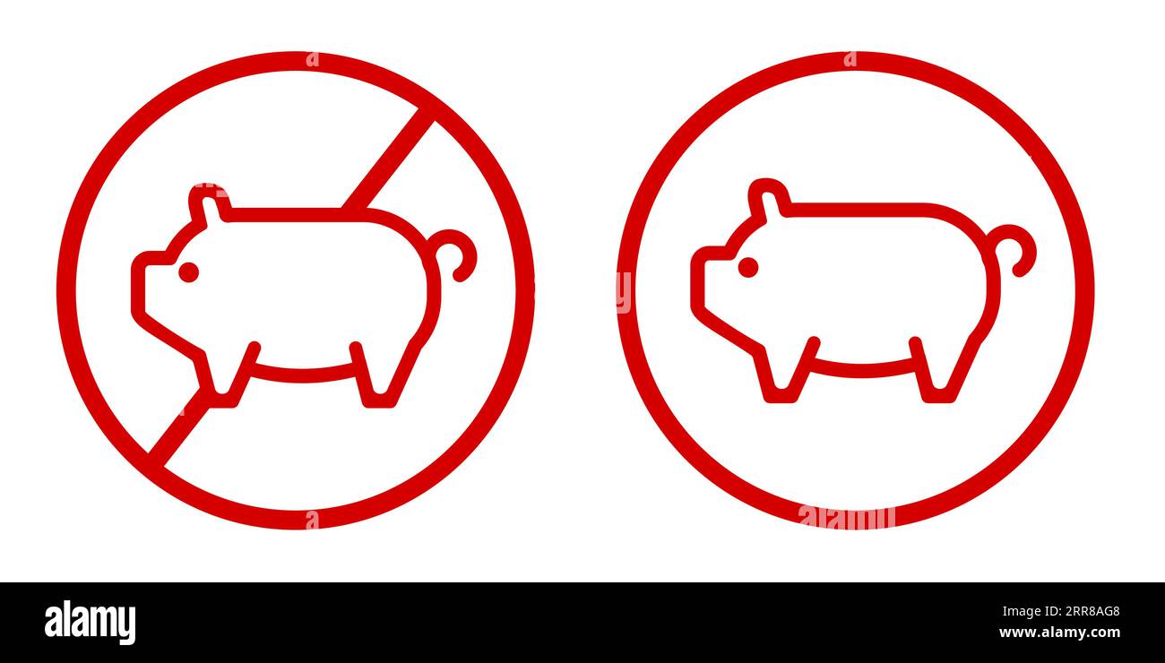 No pork design forbidden non halal kosher food label stamp prohibition red circle Stock Vector