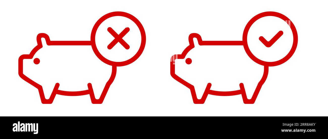 No pork design forbidden non halal kosher food label stamp prohibition red circle cross check mark Stock Vector