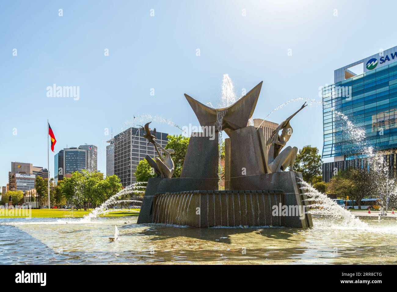 Adelaide, Australia - September 27, 2019: Three Rivers Fountain on Victoria Square in Adelaide City on a bright day Stock Photo