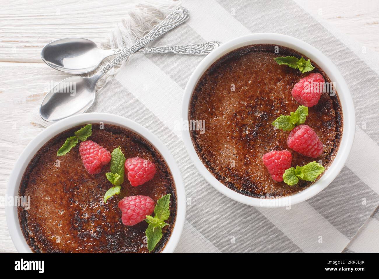 Traditional Chocolate creme brulee dessert with caramelized brown sugar
