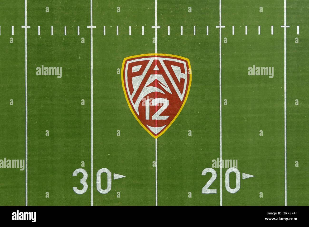 A general overall aerial view of the Pac-12 Conference logo at United Airlines Field at the Los Angeles Memorial Coliseum, Friday, Sept. 1, 2023, in Los Angeles. Stock Photo