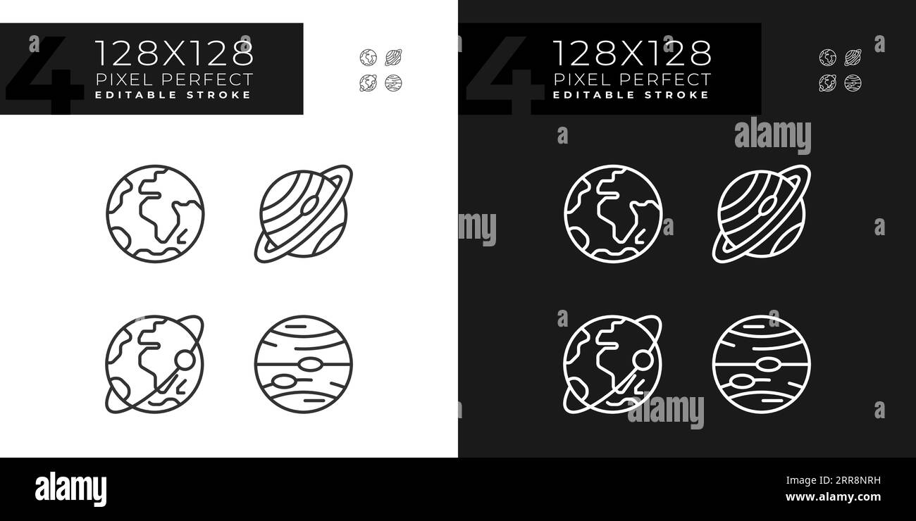 Planets pixel perfect linear icons set for dark, light mode Stock Vector