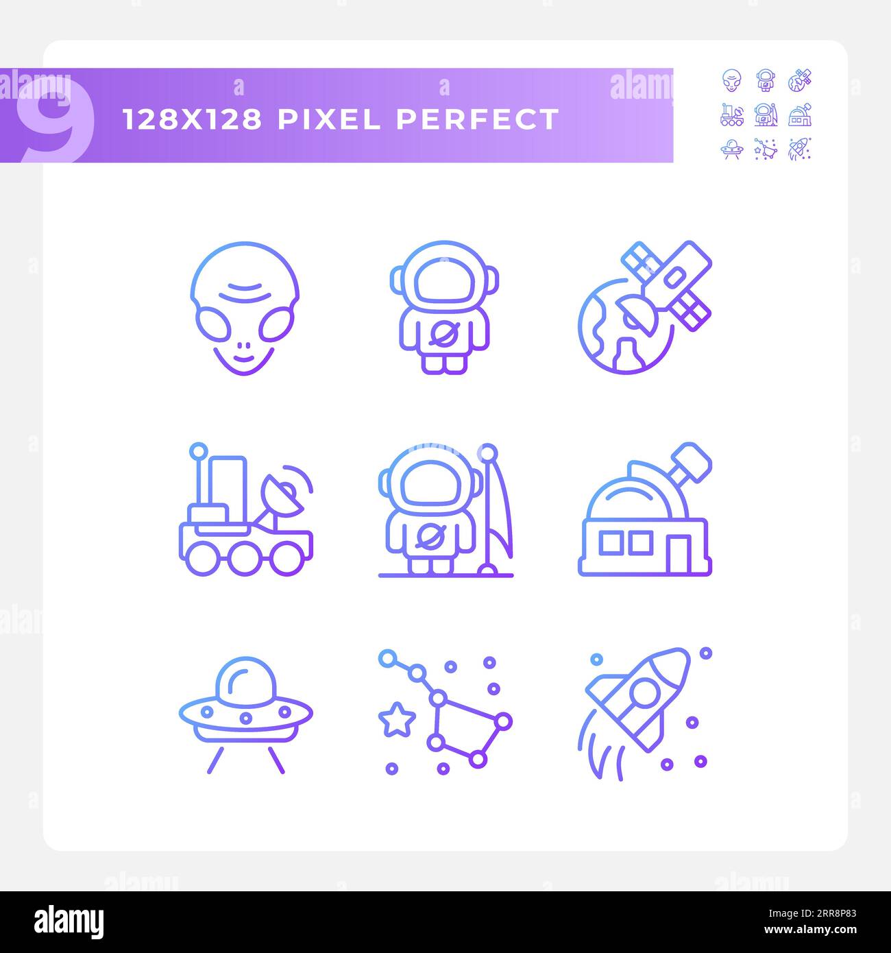 Space exploration pixel perfect gradient linear vector icons set Stock Vector