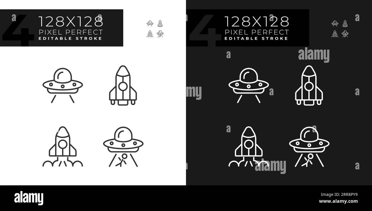 Extraterrestrial life pixel perfect linear icons set for dark, light ...