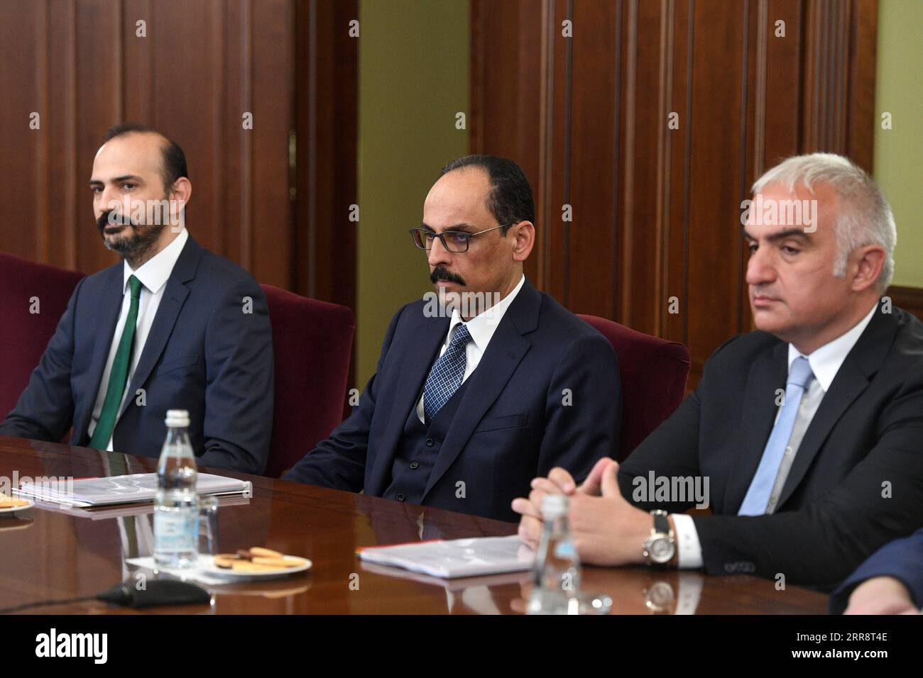 MOSCOW, RUSSIA - MAY 17, 2021: Ibrahim Kalin C, Chief Counselor to the Turkish President, and Turkey s Culture and Tourism Minister Mehmet Ersoy R hold a meeting with Tatyana Golikova, Russia s Deputy Prime Minister. /POOL/TASS Russia s Deputy PM Golikova meets with Turkish government officials in Moscow ValeryxMelnikov PUBLICATIONxNOTxINxCHN Stock Photo