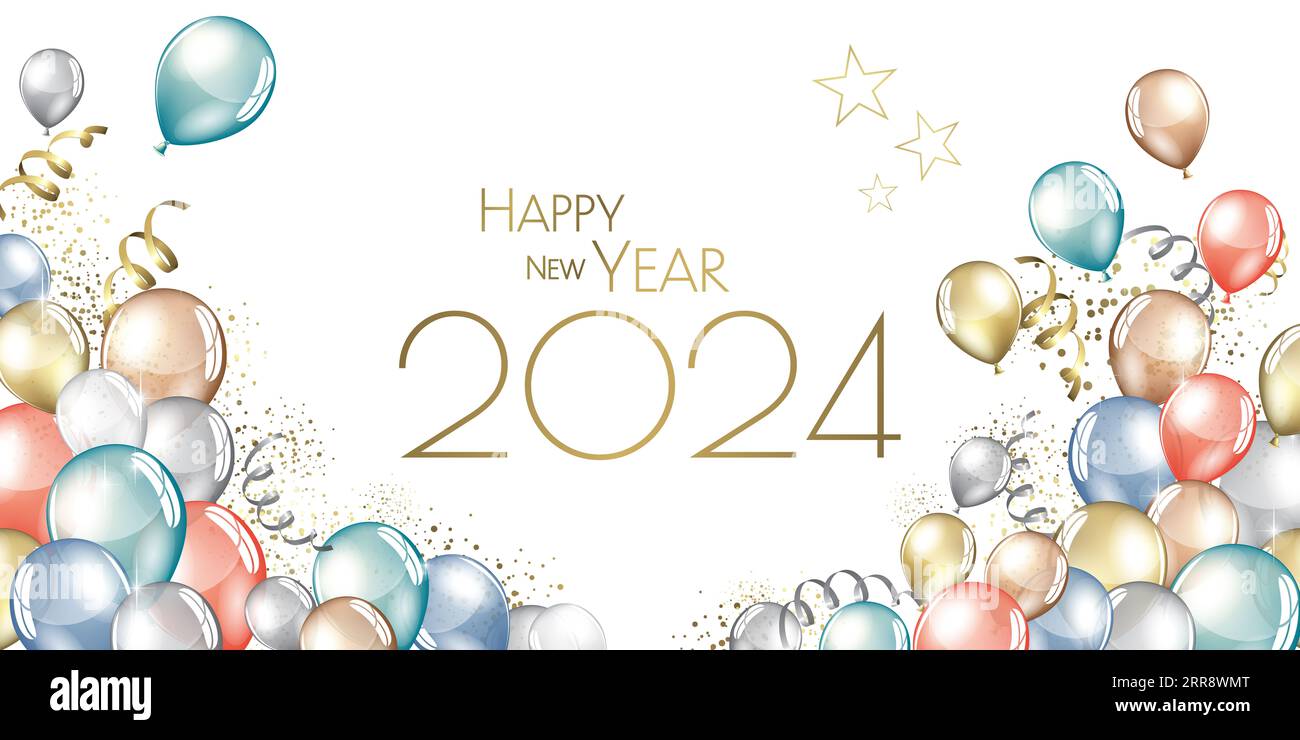 happy new year 2024 festive party balloons greeting card Stock Photo
