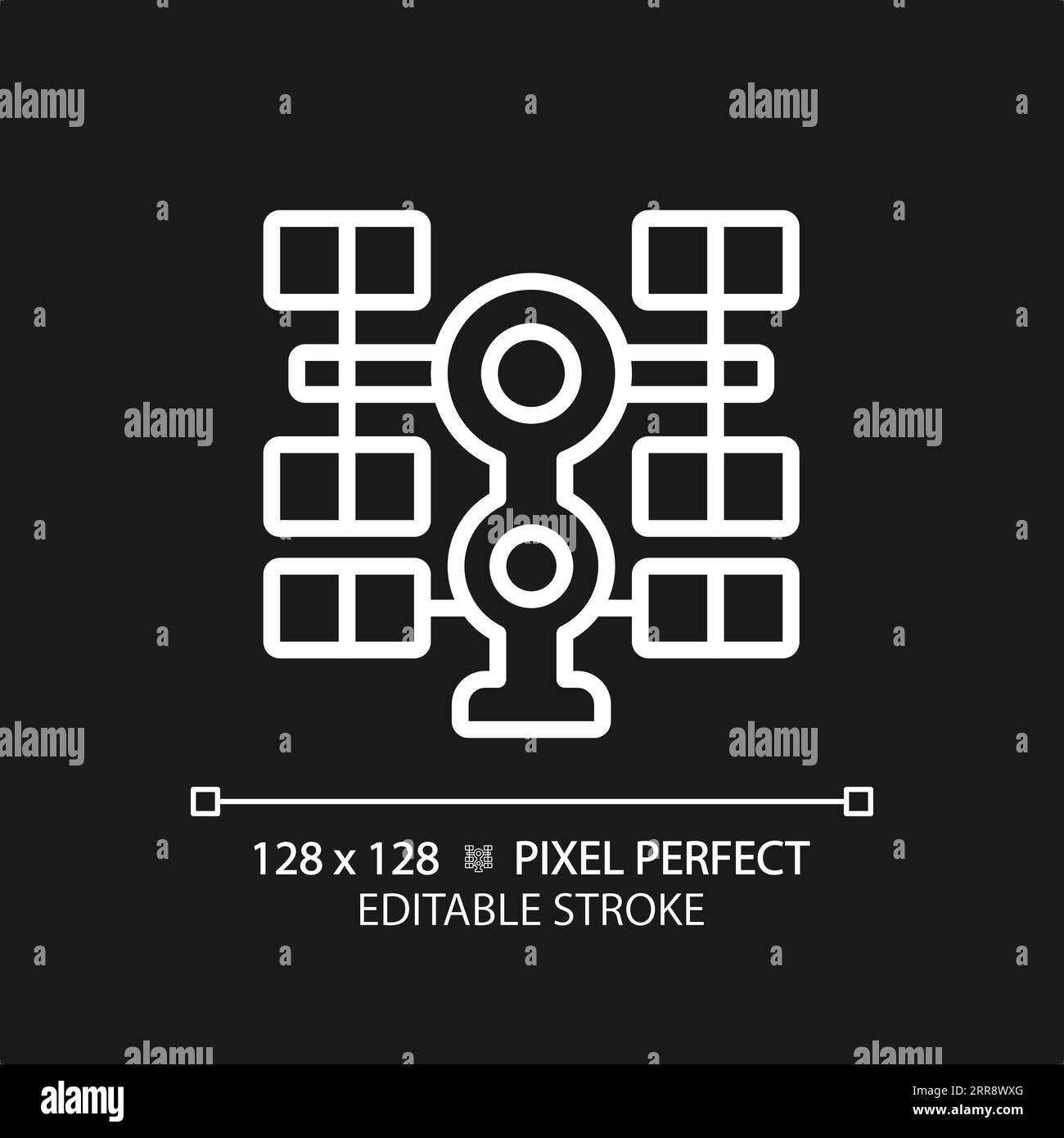 Space station pixel perfect white linear icon for dark theme Stock Vector