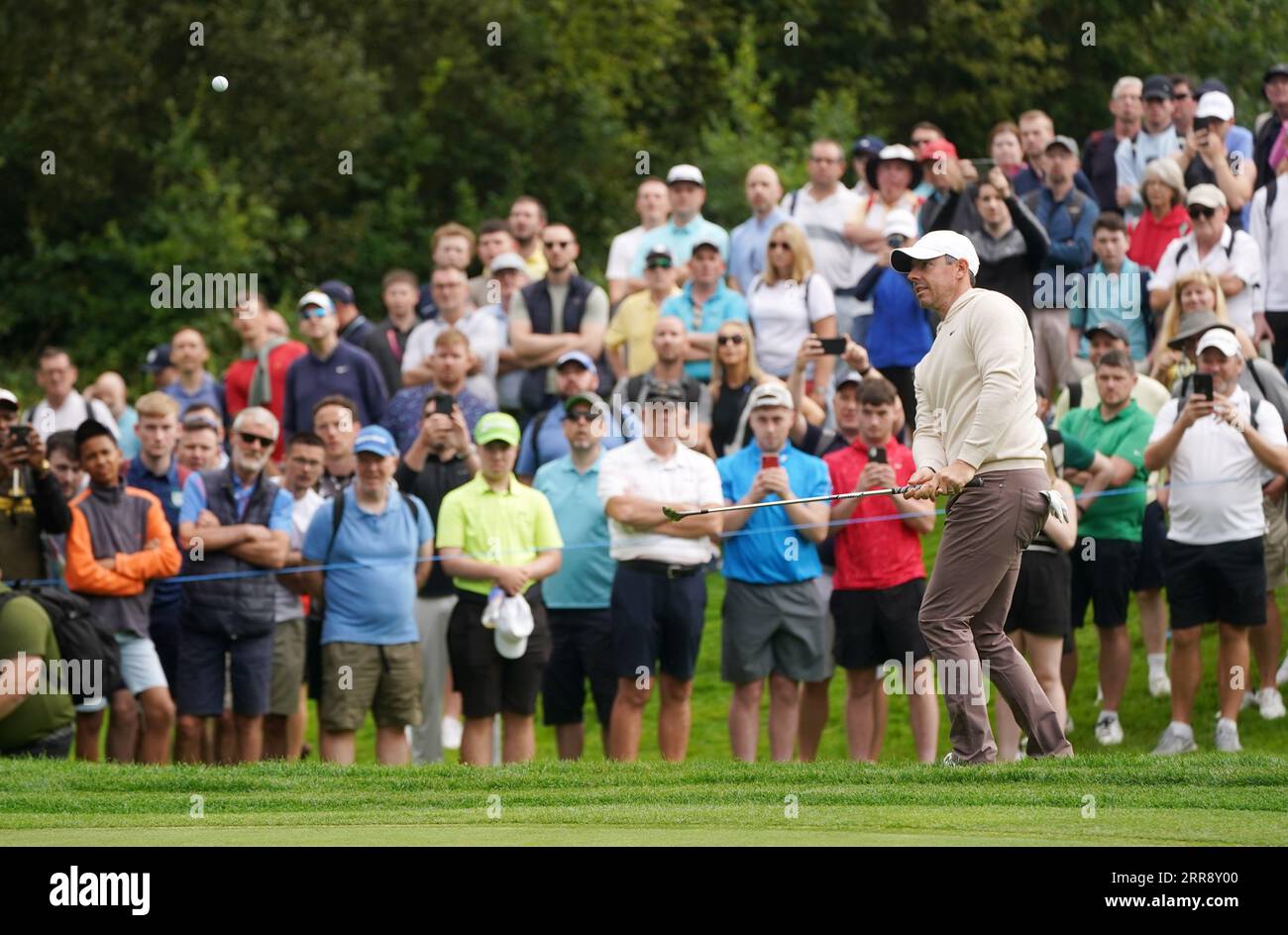 Rory McIlroy plays his third shot on the 17th during day one of the 2023 Horizon Irish Open at The K Club, County Kildare. Picture date: Thursday September 7, 2023. Stock Photo