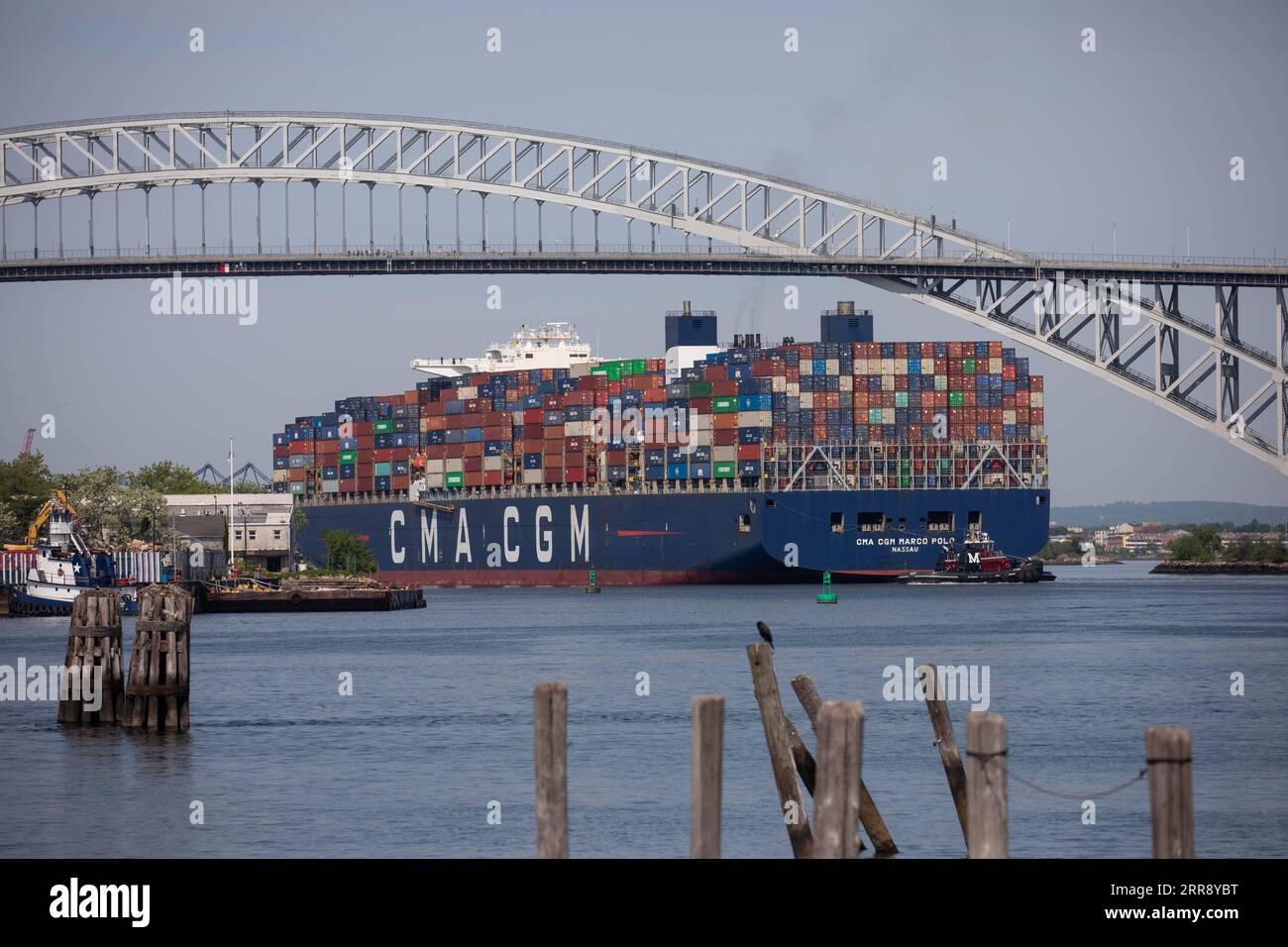 210520 -- NEW YORK, May 20, 2021 -- CMA CGM Marco Polo container ship travels near the Bayonne Bridge in New York, the United States, on May 20, 2021. The U.S. East Coast witnessed the arrival of the record-breaking container ship on Thursday morning amid booming international shipping business. CMA CGM Marco Polo, with a maximum capacity of 16,022 twenty-foot equivalent units TEU, arrived at Elizabeth Port Authority Marine Terminal in New Jersey as the largest container ship ever to call at any U.S. East Coast port, said a release by the Port Authority of New York and New Jersey. Photo by /Xi Stock Photo