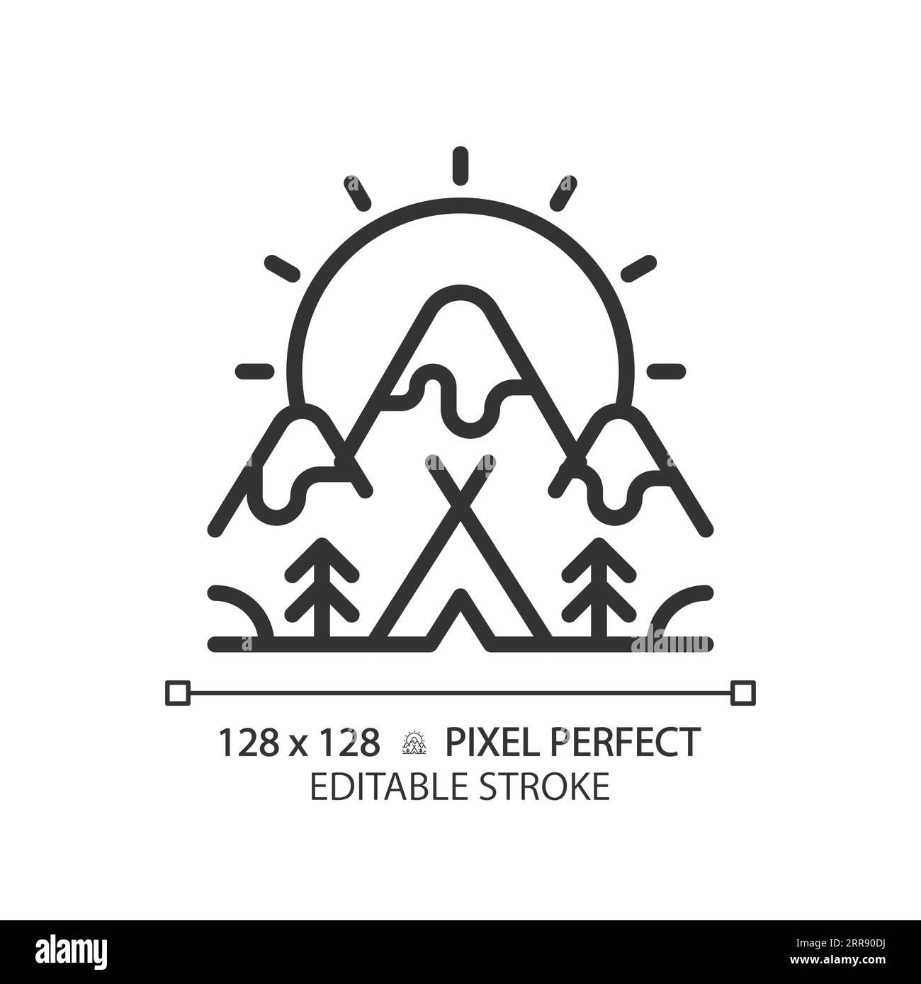 2D customizable camping and mountain black linear icon Stock Vector