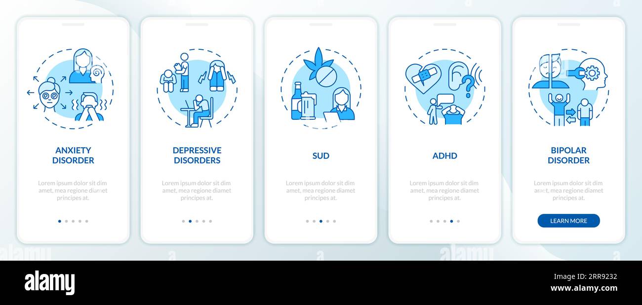 Walkthrough behavioral therapy with blue line icons Stock Vector