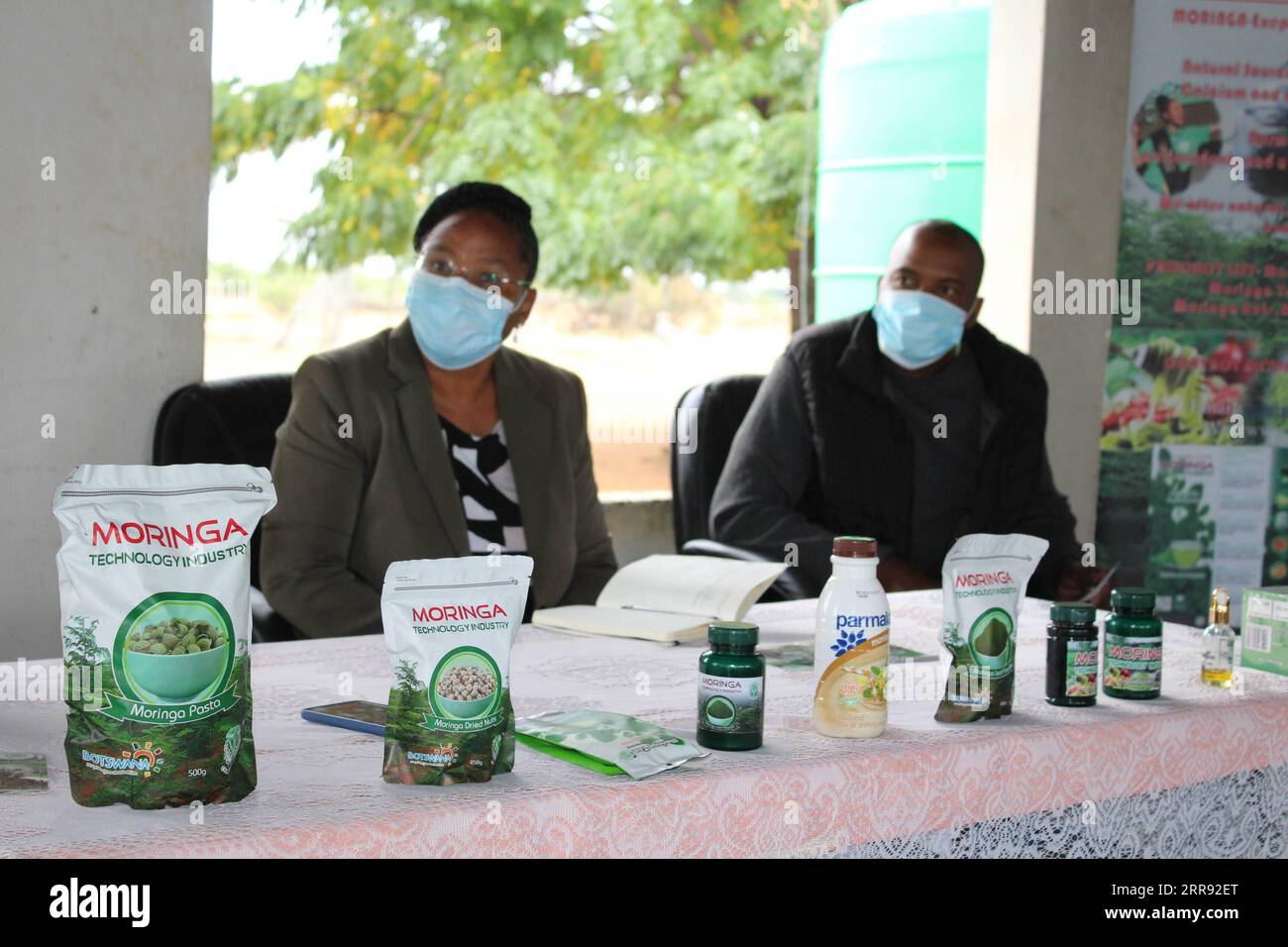 210524 -- MMAKANKE VILLAGE BOTSWANA, May 24, 2021 -- Moringa products are  showcased at a moringa farmers gathering in Mmakanke Village, Kweneng  District, Botswana, on April 30, 2021. Photo by /Xinhua TO, image size:1300x956