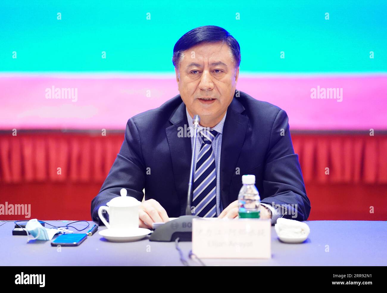 210525 -- BEIJING, May 25, 2021 -- Spokesperson of northwest China s Xinjiang Uygur Autonomous Region Elijan Anayat speaks at a press conference on Xinjiang-related issues held in Beijing, capital of China, May 25, 2021. TO GO WITH China s Xinjiang denounces so-called Uygur tribunal as trampling of int l law  CHINA-BEIJING-XINJIANG-RELATD ISSUES-PRESS CONFERENCE CN XingxGuangli PUBLICATIONxNOTxINxCHN Stock Photo