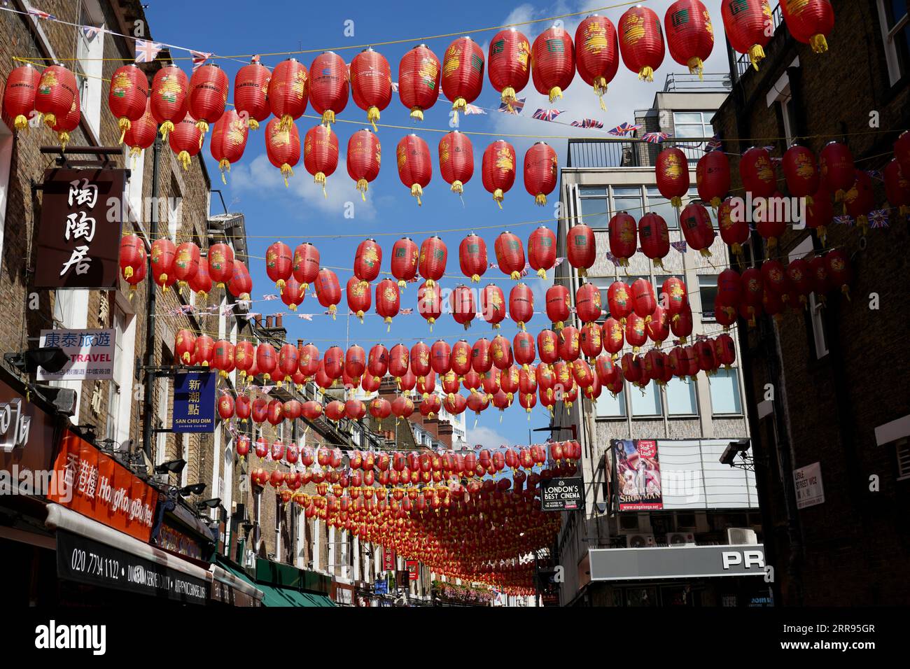 Red and Gold Chinese Lanterns strung over Lisle St in Chinatown, London