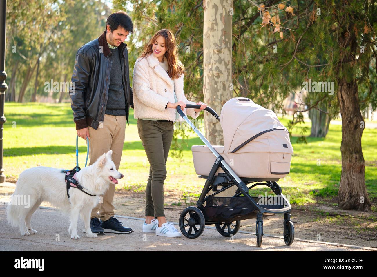 Man and pregnant woman walking with their dog and baby stroller in