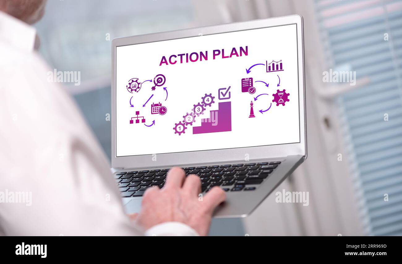 Action plan concept shown on a laptop used by a man Stock Photo - Alamy