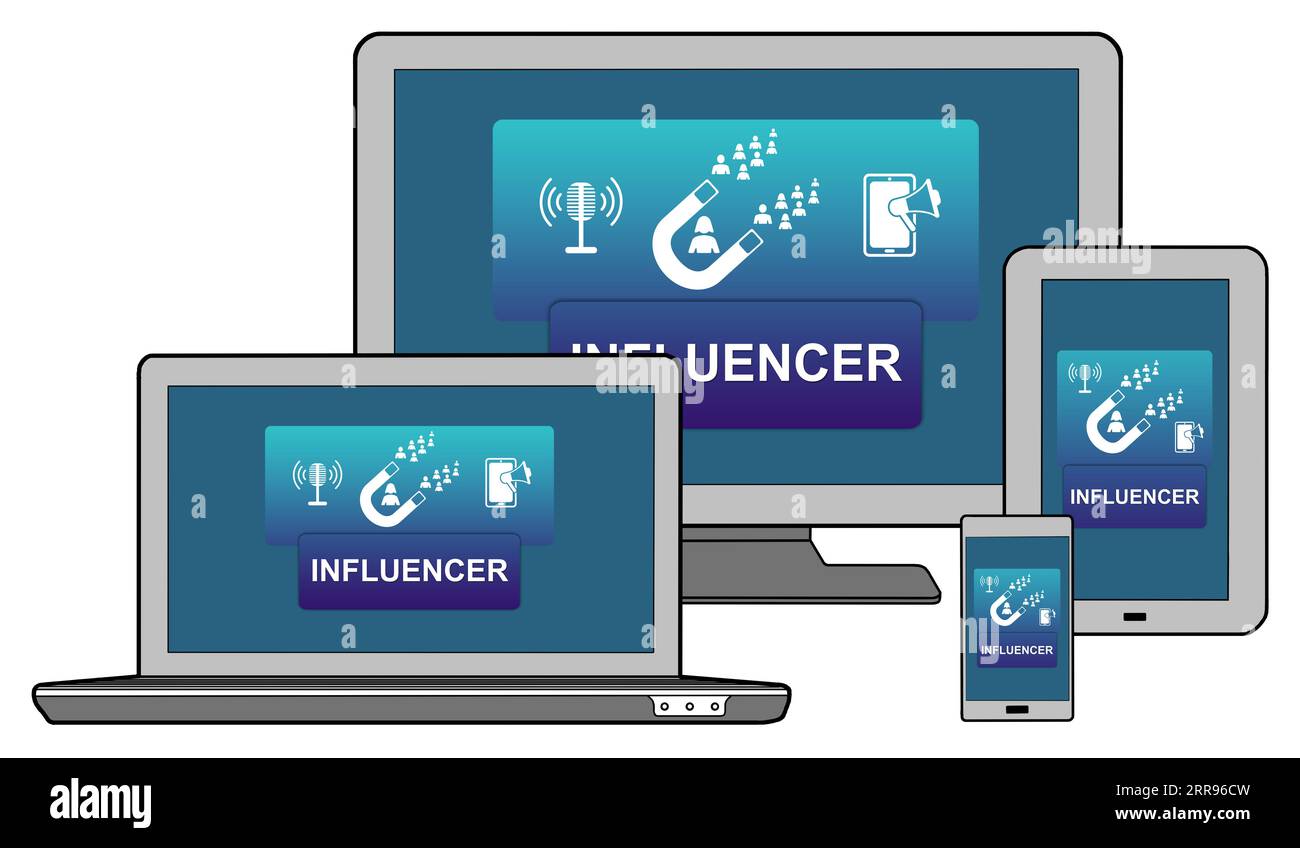 Influencer concept shown on different information technology devices Stock Photo