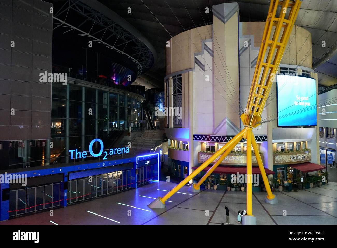 London, UK, Massive Yellow roof supports at The O2 Arena. Stock Photo