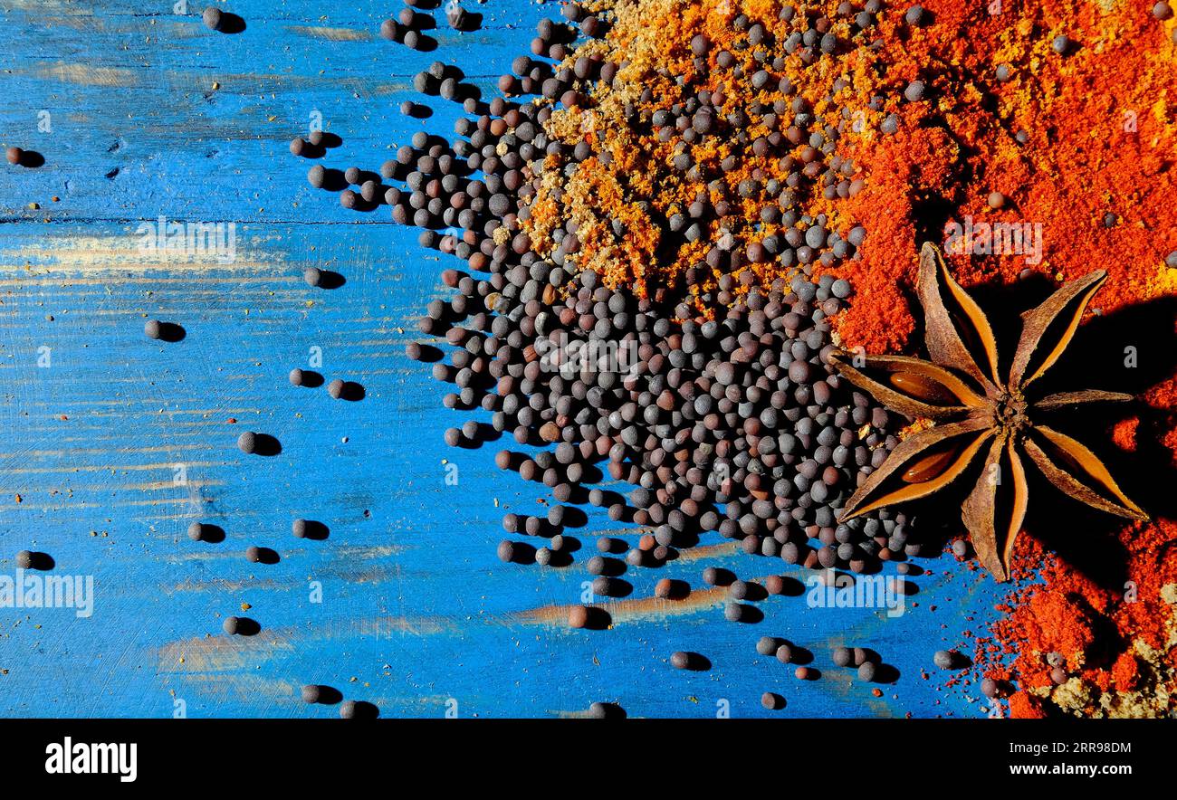 mustard seeds, star anis and curry powder on blue table top background Stock Photo