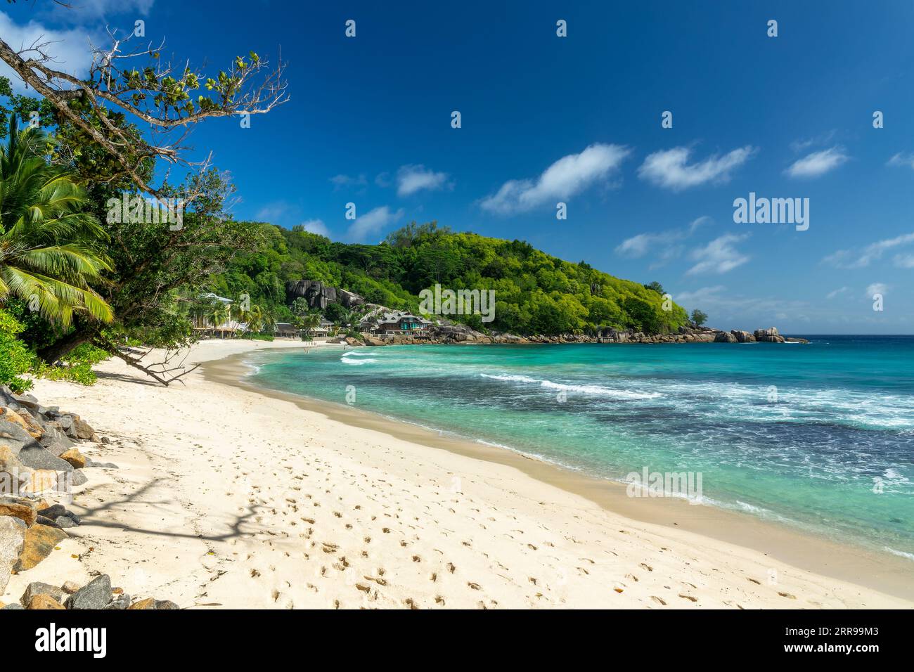 Anse Takamaka scenic tropical sand beach landscape in Mahé island, Seychelles Stock Photo