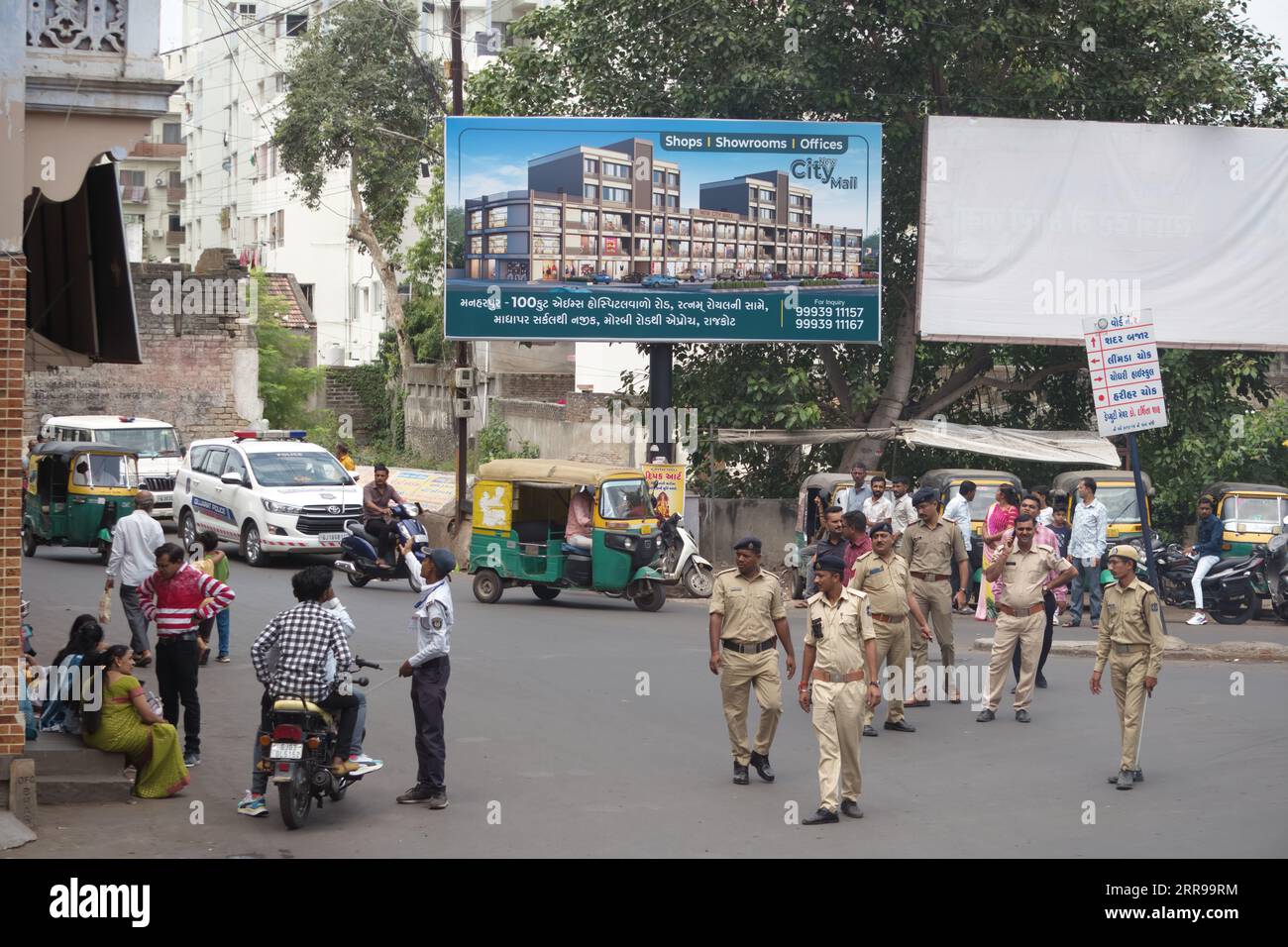 Rajkot, India. 7th September, 2023. Police on duty janmashtami rath