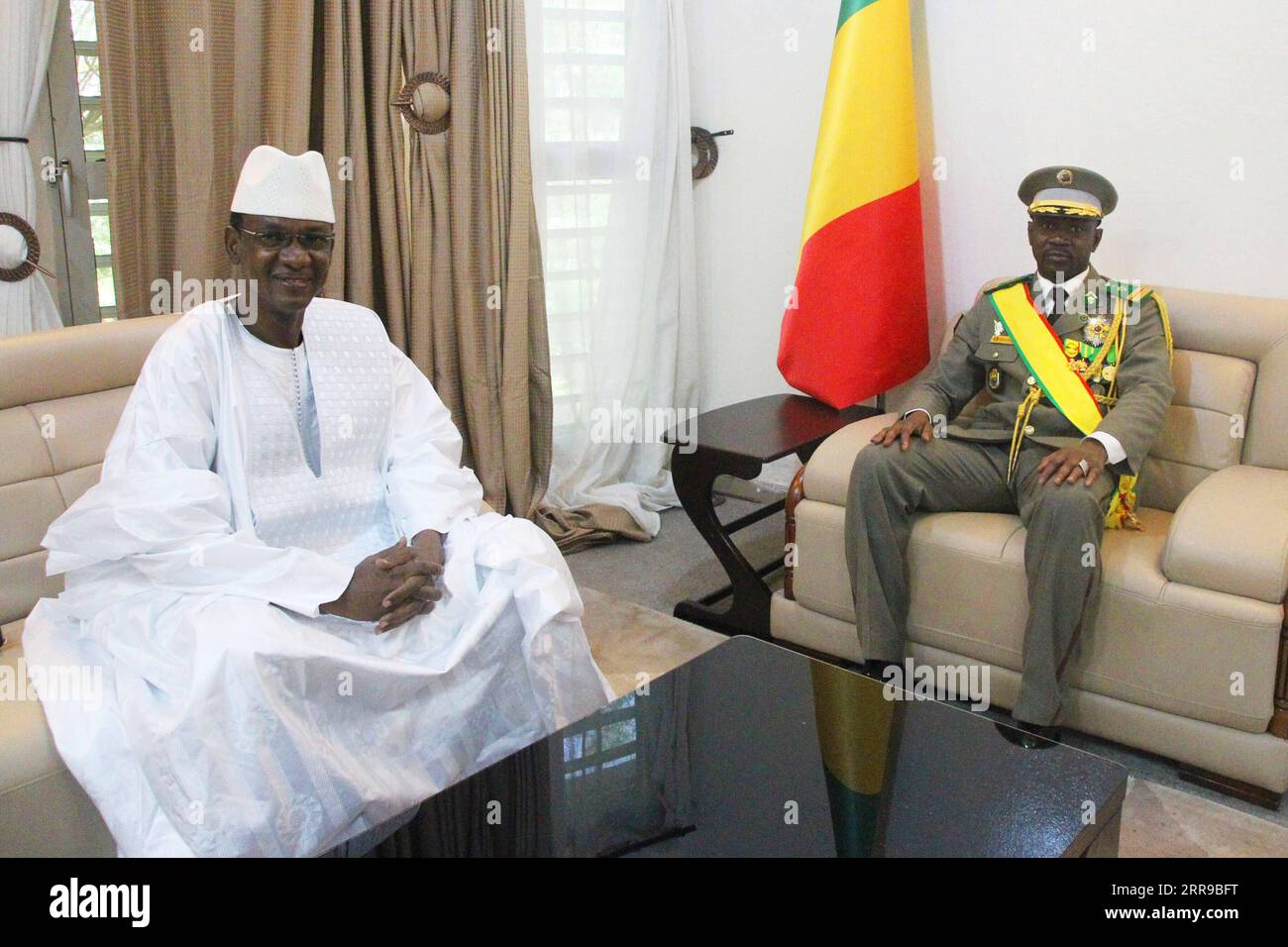 210607 -- BAMAKO, June 7, 2021 -- Malian transitional president Assimi Goita R meets with Choguel Kokalla Maiga after Goita s swearing in ceremony in Bamako, Mali, on June 7, 2021. The president of the Strategic Committee of the Movement of June 5-Rally of Patriotic Forces M5-RFP, Choguel Kokalla Maiga, was appointed Monday Mali s transitional prime minister by Malian transitional president Assimi Goita, the Malian presidency announced in a press release read on national television. Photo by /Xinhua MALI-BAMAKO-TRANSITIONAL PM-APPOINTMENT HabibxKouyate PUBLICATIONxNOTxINxCHN Stock Photo