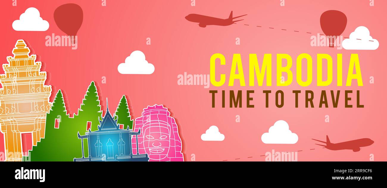 banner of Cambodia famous landmark silhouette colorful style,plane and balloon fly around with cloud,vector illustration Stock Vector