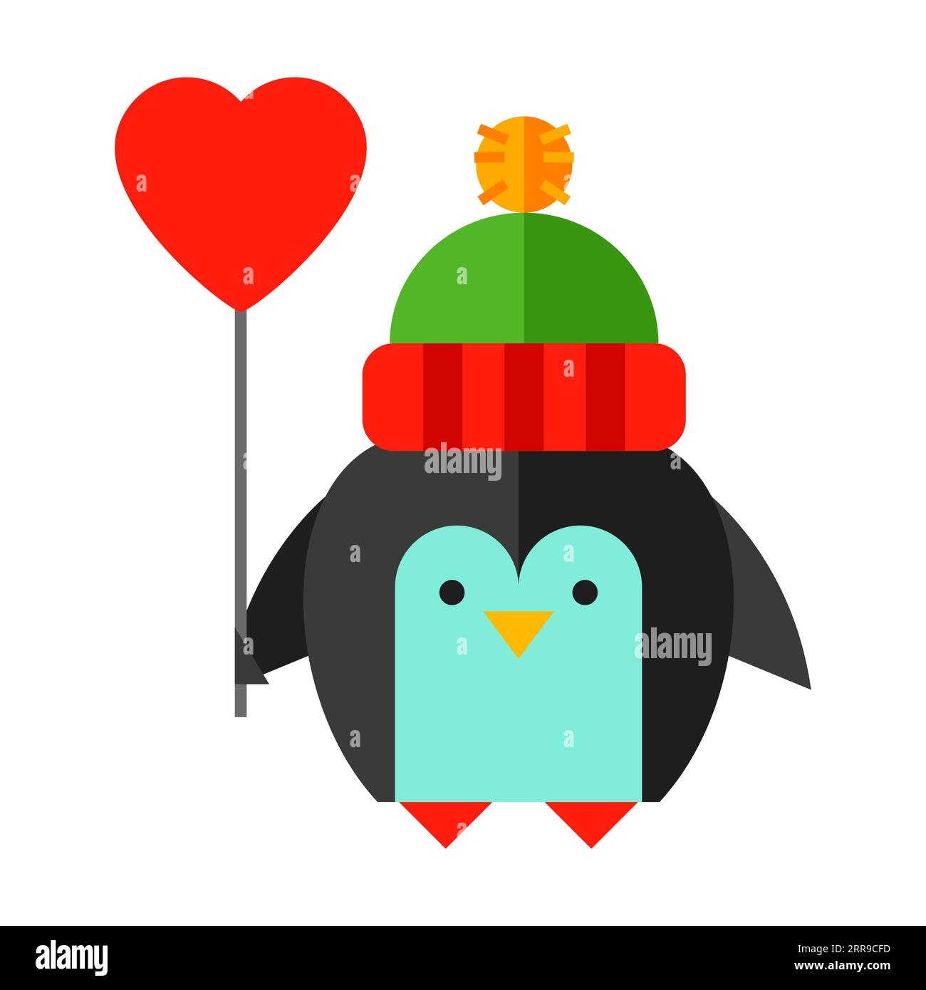 Cute penguin in winter knitted hat flat vector icon Stock Vector