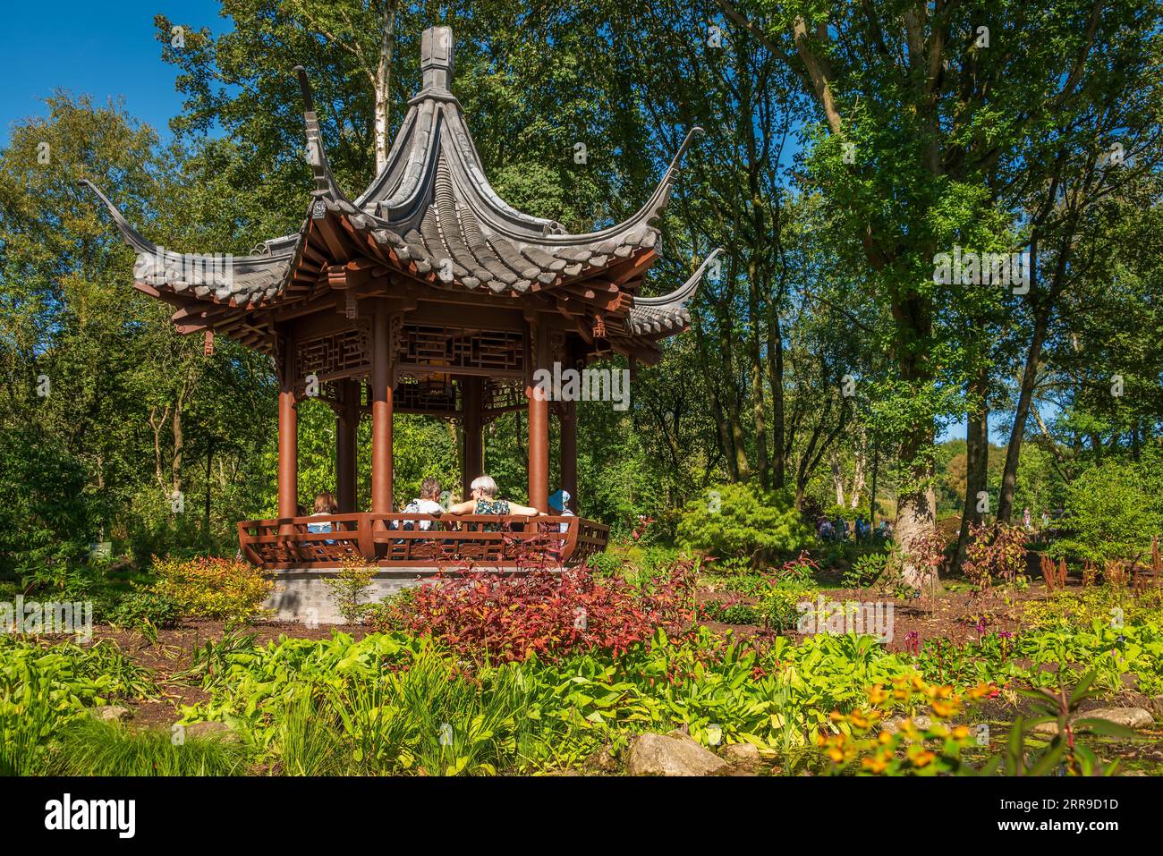 The Qing Yin music pavillion in Chinese Streamside Garden at RHS Bridgewater gardens in Worsley near Manchester. Stock Photo