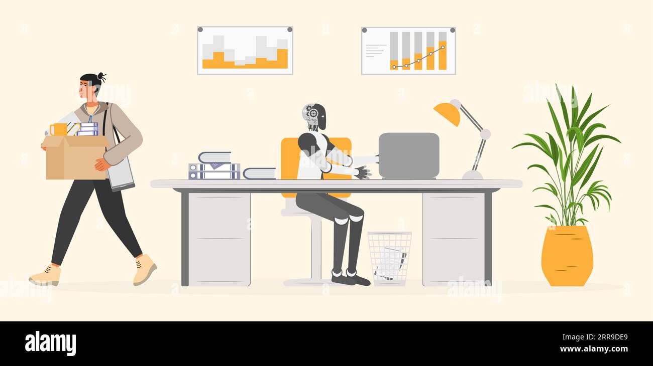 Smart AI robot took workplace, sad fired man hold box. Unemployment ...