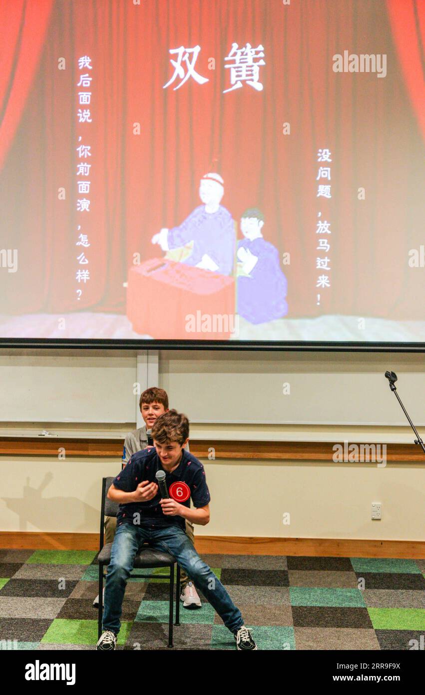 210614 -- CHRISTCHURCH, June 14, 2021 -- Contestants perform the Chinese style double act, also known as a comedy duo or Shuanghuang in Chinese, during the 2021 Chinese Bridge Chinese Proficiency Competition in Christchurch, New Zealand, June 13, 2021. TO GO WITH: Feature: Crosstalk, comedy duos featured in Kiwi students Chinese proficiency competition Photo by /Xinhua NEW ZEALAND-CHRISTCHURCH-CHINESE CULTURE LixXiaogang PUBLICATIONxNOTxINxCHN Stock Photo